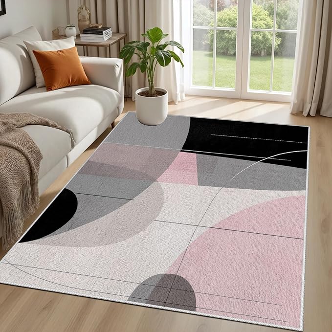 Abstract Art Line Living Room Area Rugs 3x5, Modern Boho Geometric Print Rug, Minimalist Washable Non Slip Neutral Soft Carpet for Bedroom, Dining Room Office Playroom, Black Gray