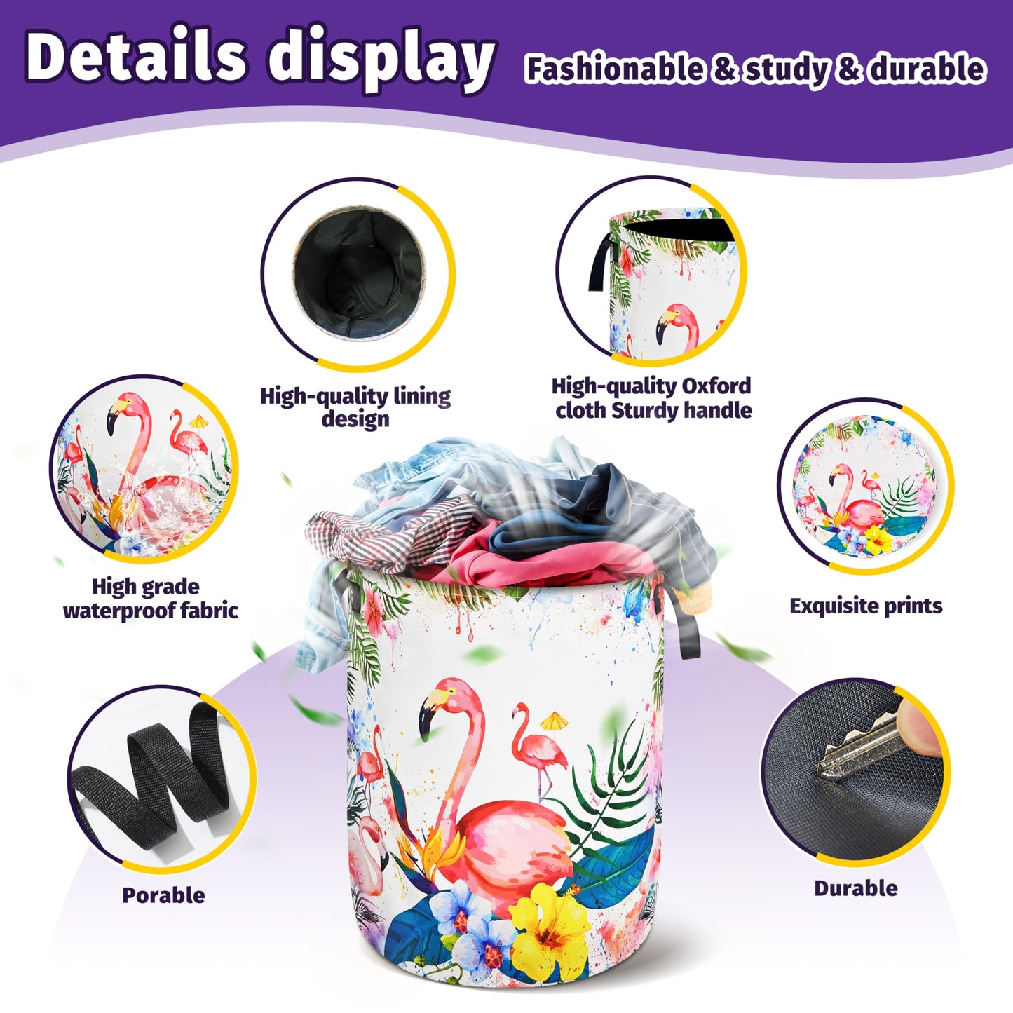 Pink Flamingo Laundry Basket Tropical Leaves Flower Oxford Cloth With Handles Foldable And Portable Colorful Laundry Hamper For Laundry Room/Bedroom/Living Room/Children'S Room (18.9 X 16.5 In)