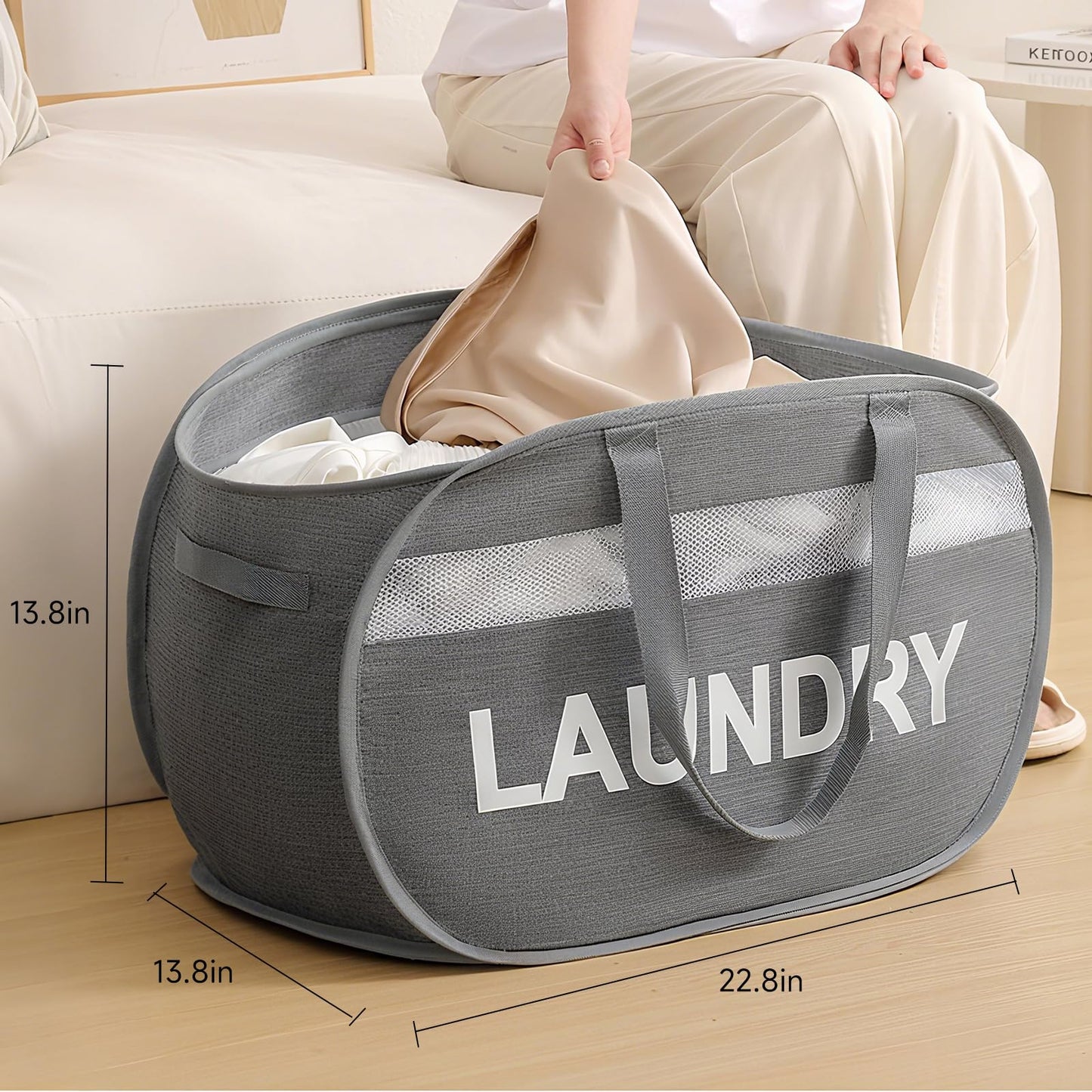 Tsmallbear Foldable Laundry Basket with Zipper Lid, Reinforced Steel Ring Collapsible laundry hamper, 70L RV Storage Bags,Breathable Mesh Dirty clothes hamper with Dual Handles for Home, Dorm,Bedroom