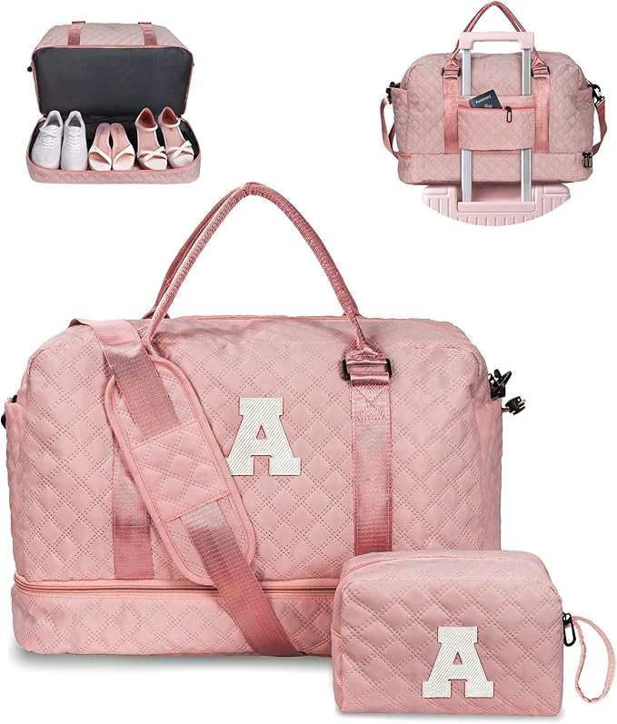 Vogewood Women Gift-Birthday Gifts, Initial Duffle Bags with Shoe Compartment, Girls Weekender Bag, Overnight Tote for Women, Travel Bag with Makeup Pouch (Letter A)