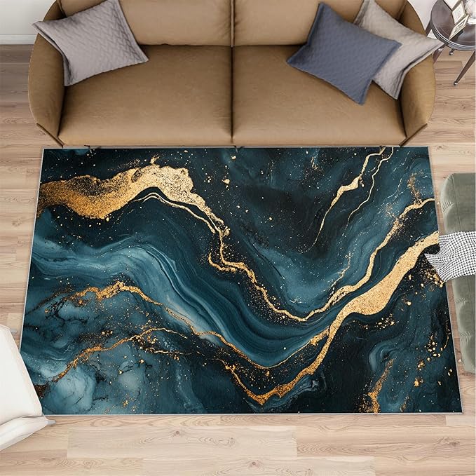 Marble Washable Area Rugs 6x8 Non-Slip Fluid Art Living Room Rug Gold Lines Soft for Carpet Low Pile Indoor Door Mat & Room Decor
