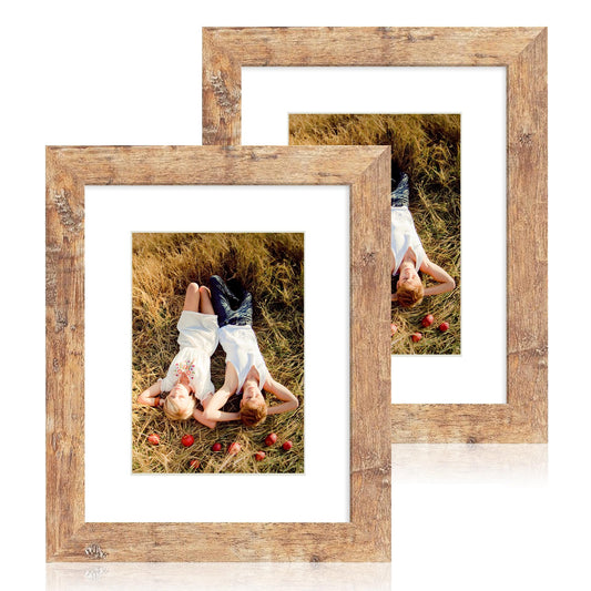 iRahmen 8x10 Picture Frame Set of 2, High Definition Real Glass Rustic Brown Wood Frame, Display Pictures 5x7 with Mat or 8 x 10 Without Mat for Tabletop or Wall Mounting