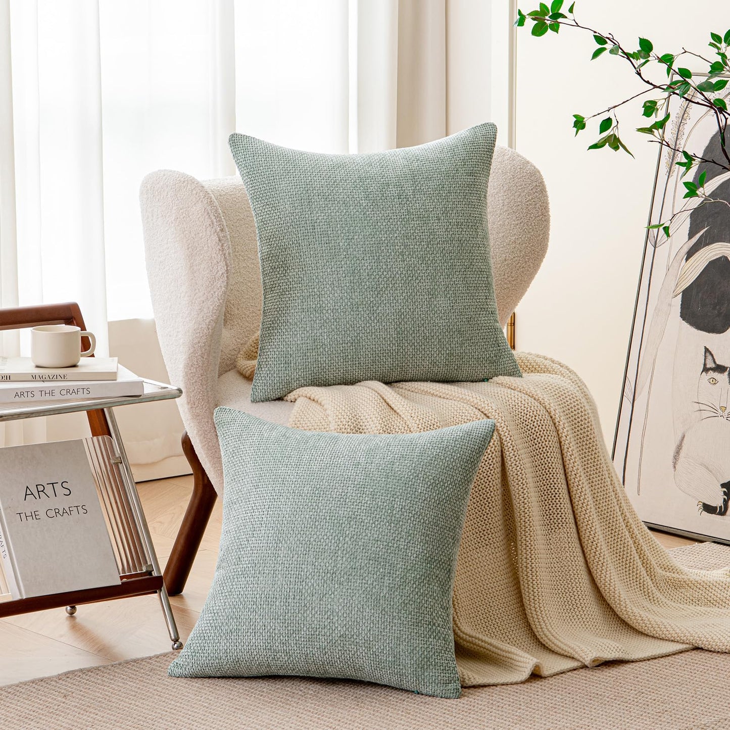 a moment Light Green Chenille Throw Pillow Covers 20x20 Inch Pack of 2 Modern Decorative Throw Pillow Covers Farmhouse Cross Covers Home Decor for Sofa Bedroom Living Room Spring