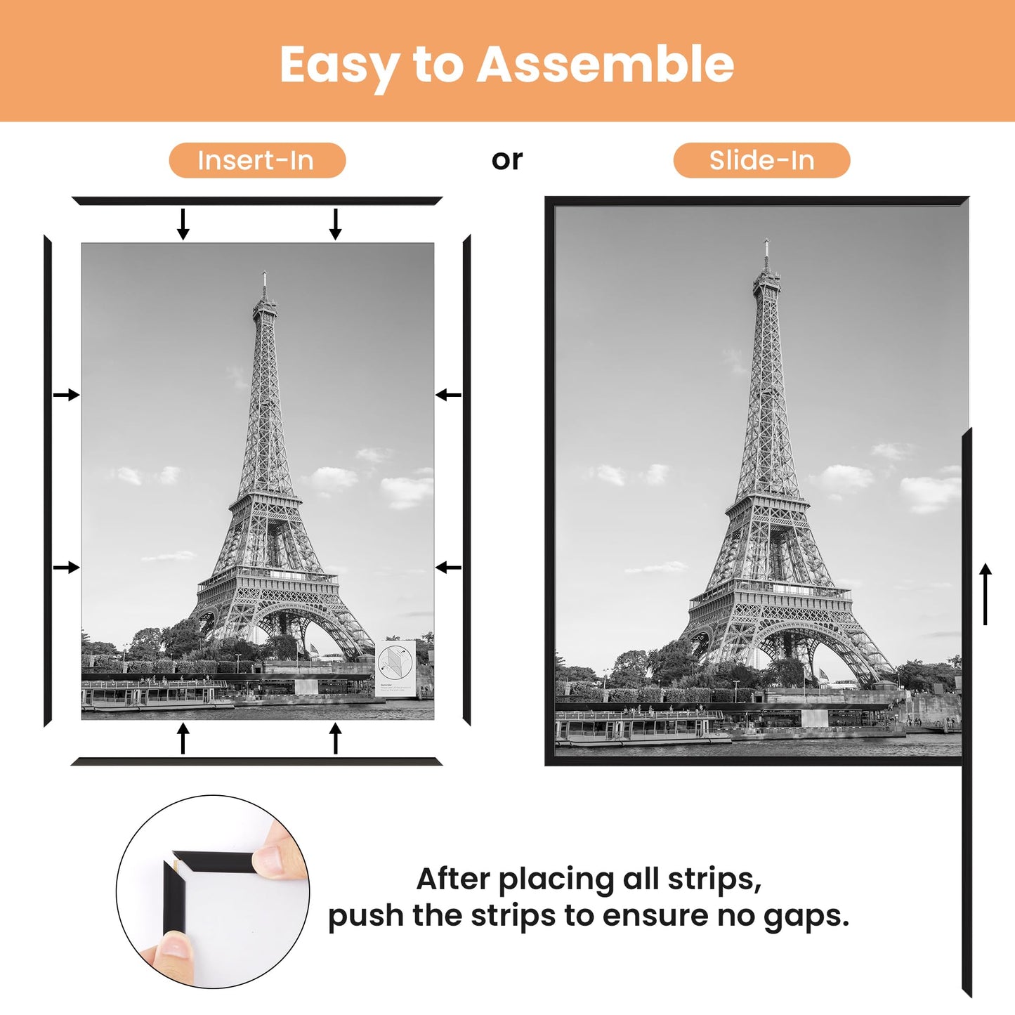 upsimples 16x24 Picture Frame Black 3 Pack, Scratch-Proof Poster Frames 16 x 24 for Photo Gallery - Slide-In Strips, Horizontal or Vertical Wall Mounting