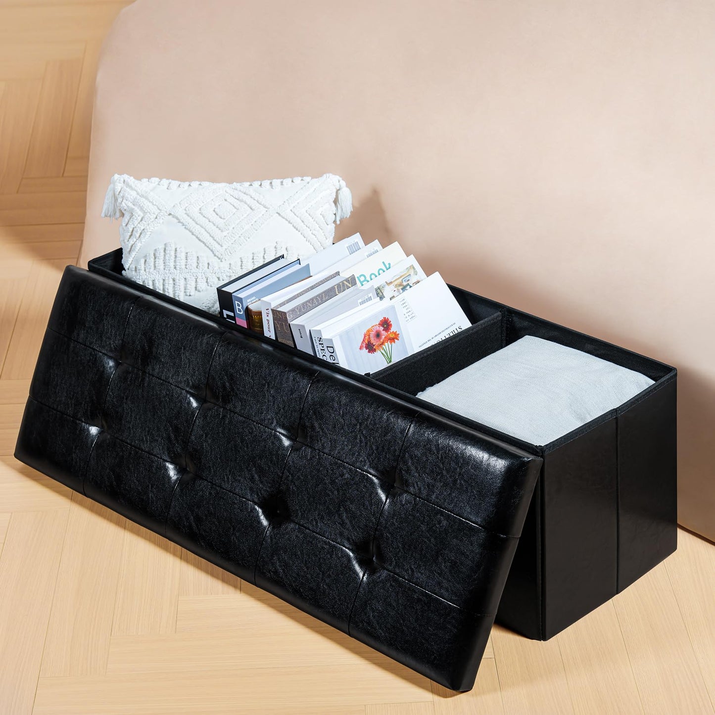 PINPLUS Folding Storage Ottoman Bench, Black Faux Leather Long Ottoman Chest, Footrest Seat, Blanket Storage for Living Room Bedroom Office Hallway, 43.3"x15"x15"
