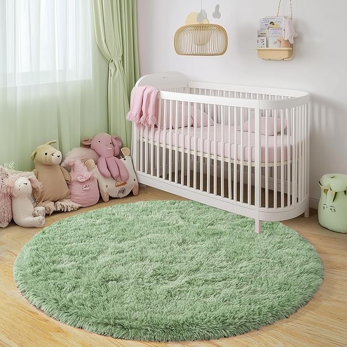 Round Fluffy for Bedroom Rugs, 4Ft Sage Green Shag Circle Rug Non-Slip for Kids Girls Boys Bedroom Dorm Nursery Playroom, Soft Cute Area Rugs for Living Room Decor
