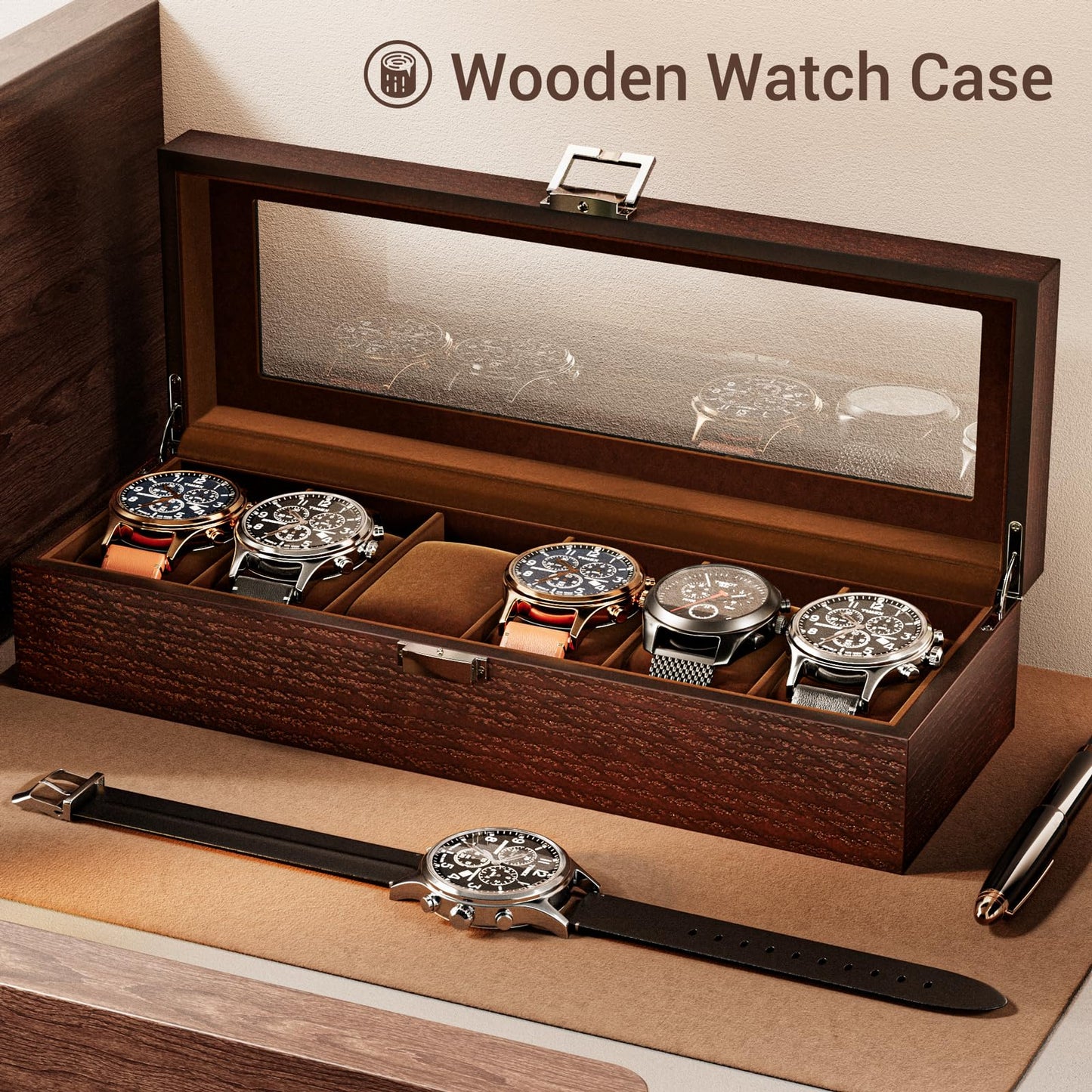 ProCase Wooden Watch Box for Men, 6 Slot Watch Display Case Mens Watch Box Organizer, Wood Watch Case for Men Watch Storage, Watch Holder Organizer with Glass Lid -6 Slot, Espresso