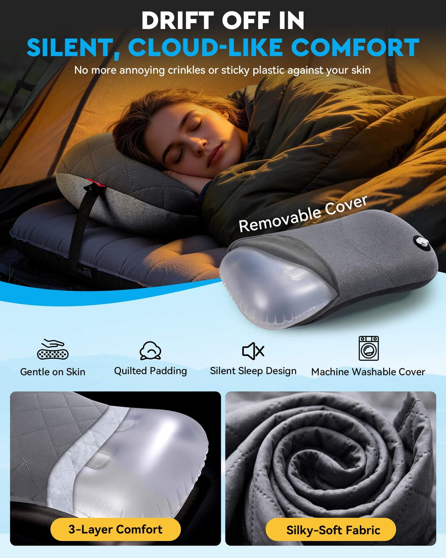 Hikenture Ultralight Inflatable Pillow with Removable Cover for Neck Lumber Support - Upgrade Washable Travel Air Pillows for Camping, Hiking, Backpacking (Grey)