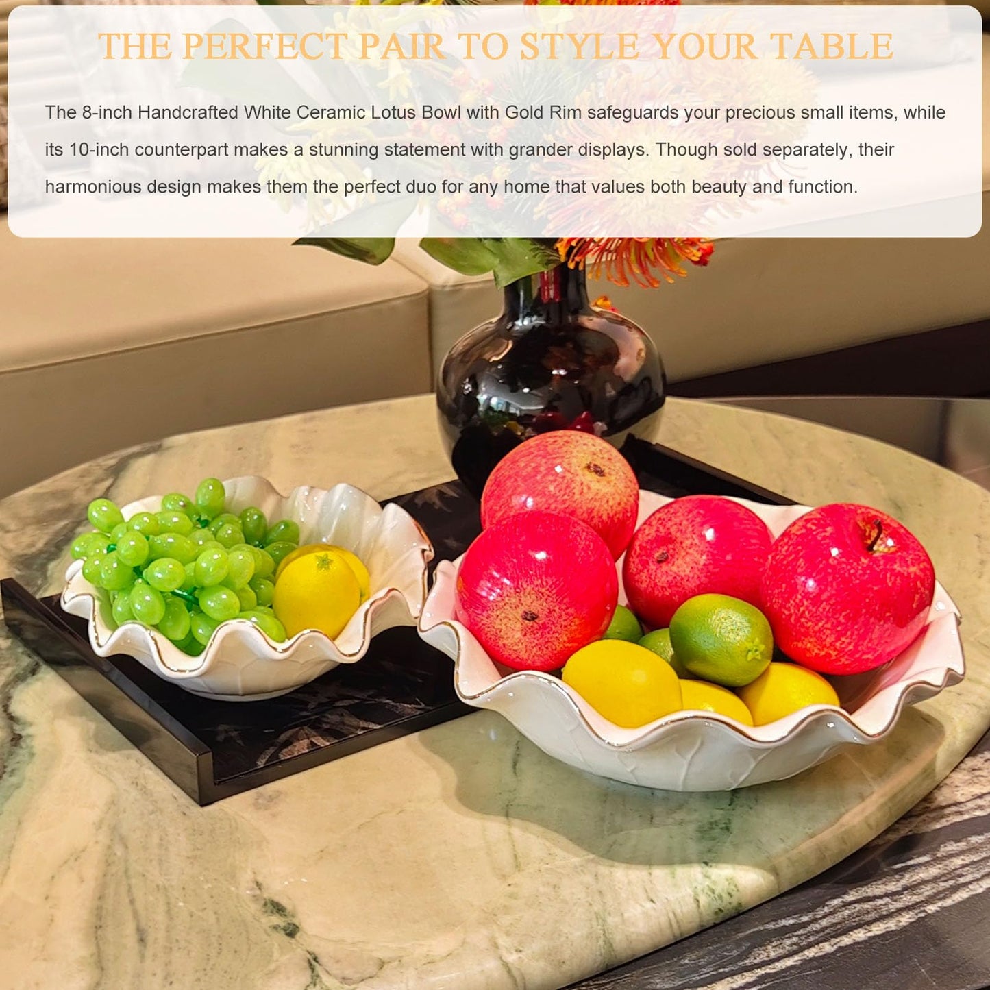 Aimtobest Handcrafted 8" White Ceramic Ruffle Bowl with Gold Trim – Modern Lotus Design, Small Shallow Decorative Bowl for Kitchen Counter & Key Holder for Entryway Table, Catch-All for Home Decor