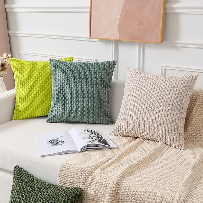 Kevin Textile Decorative Pillow Covers Set of 2 Striped Plush Corduroy Pillows Pillowcases Boho Home Decor Cushion Covers for Couch Sofa Bed Living Room 18x18 Inch, Christmas Green