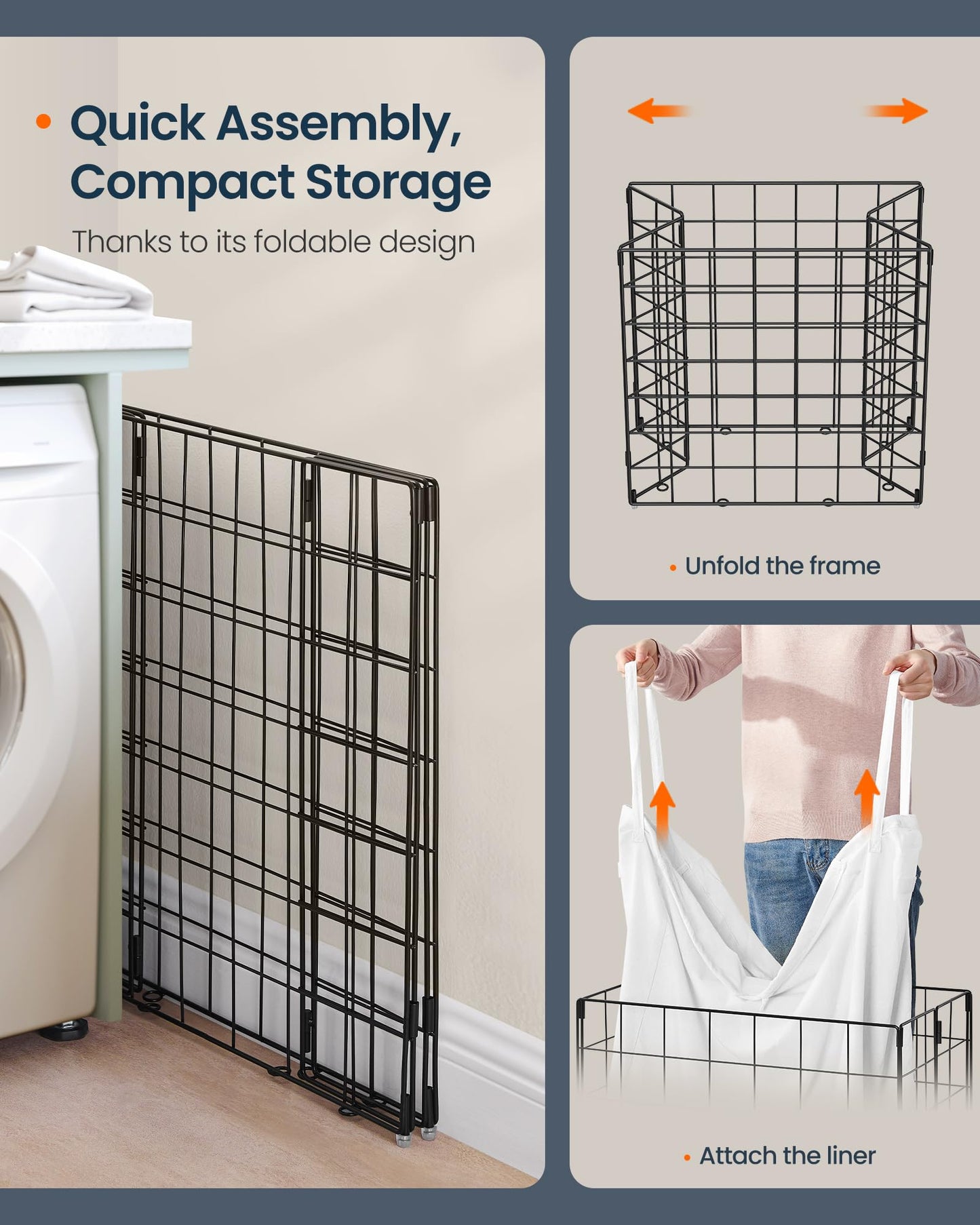 SONGMICS HOME Laundry Basket, Foldable Laundry Hamper, Clothes Hamper, Removable Liner with Handles, for Bedroom, Bathroom, 34.3 Gal. (130 L), White