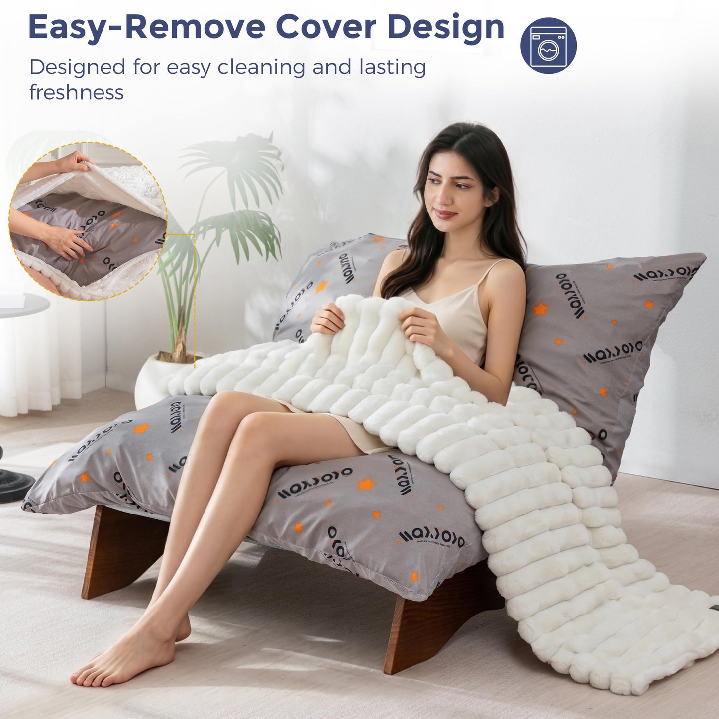 MAXYOYO Adjustable Living Room Chair, Convertible Bean Bag Chair & Recliner with Frame, Removable Cushion Floor Sofa Striped Fabric, Soft Upholstered Lounge for Bedroom, Dorm, Beige