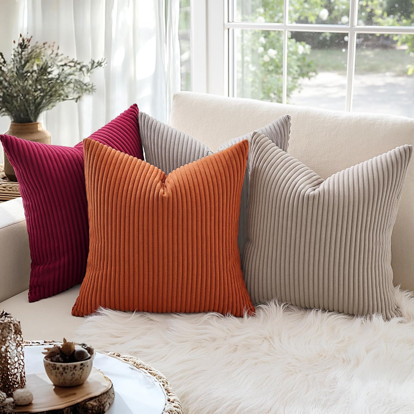 MIULEE Decorative Corduroy Pillow Covers Soft Solid Pack of 2 Cushion Cases Boho Square Throw Pillow Covers Rust Farmhouse Pillowcases for Couch Sofa Bed Living Room Home Decor 18 x 18 Inch