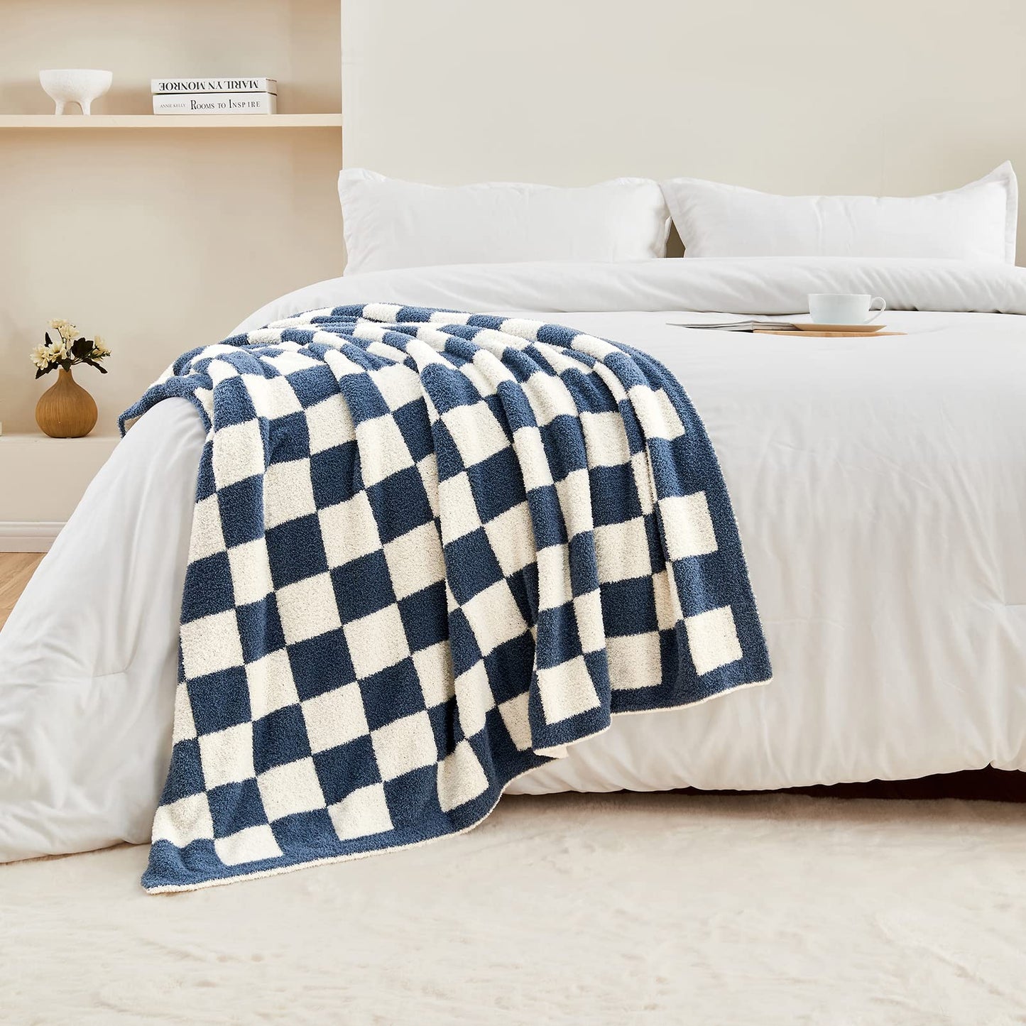 CozeCube Super Soft Fullfy Microfiber Reversible Knitted Blankets, Warm Cozy Fuzzy Plush Throw, Dusty Blue and White Checkered Throw Blanket for Couch Bed Sofa, 50" x 60"