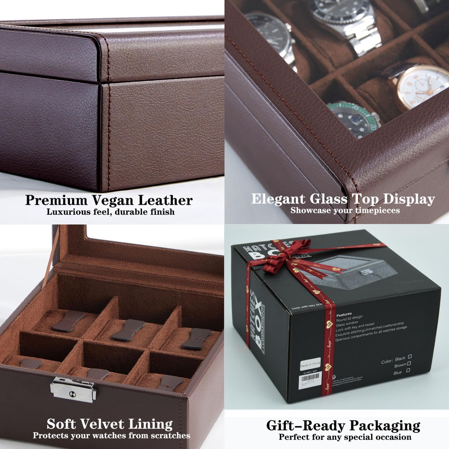 Hit design Watch Box Watch Cases for Men,6 Slot Brown Watch Case Organizer Storage Box,Leather Display Holder for Watches,Mens Watch Box for Collection,Anniversary Birthday Gift for Men Women