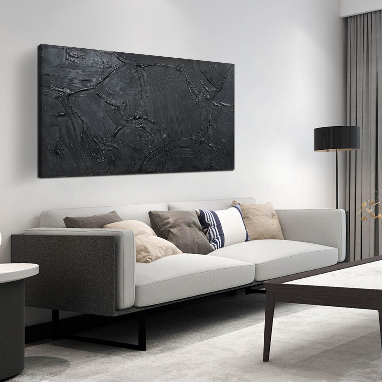 HUBOSKN Abstract Art Pictures for Wall in Living Room - Minimalist Wall Art for Teen Boys Bedroom - Black Hand Painted Wall Art for Office Size 24" x 47"