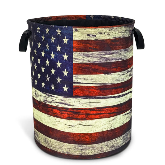 Retro American Flag Laundry Basket Patriotic Foldable Oxford Cloth Funny Tote Bag Laundry Hamper Clothes Storage Bucket Organizer For Bathroom/Laundry Storage/Bedroom 18.9x16.5 Inch