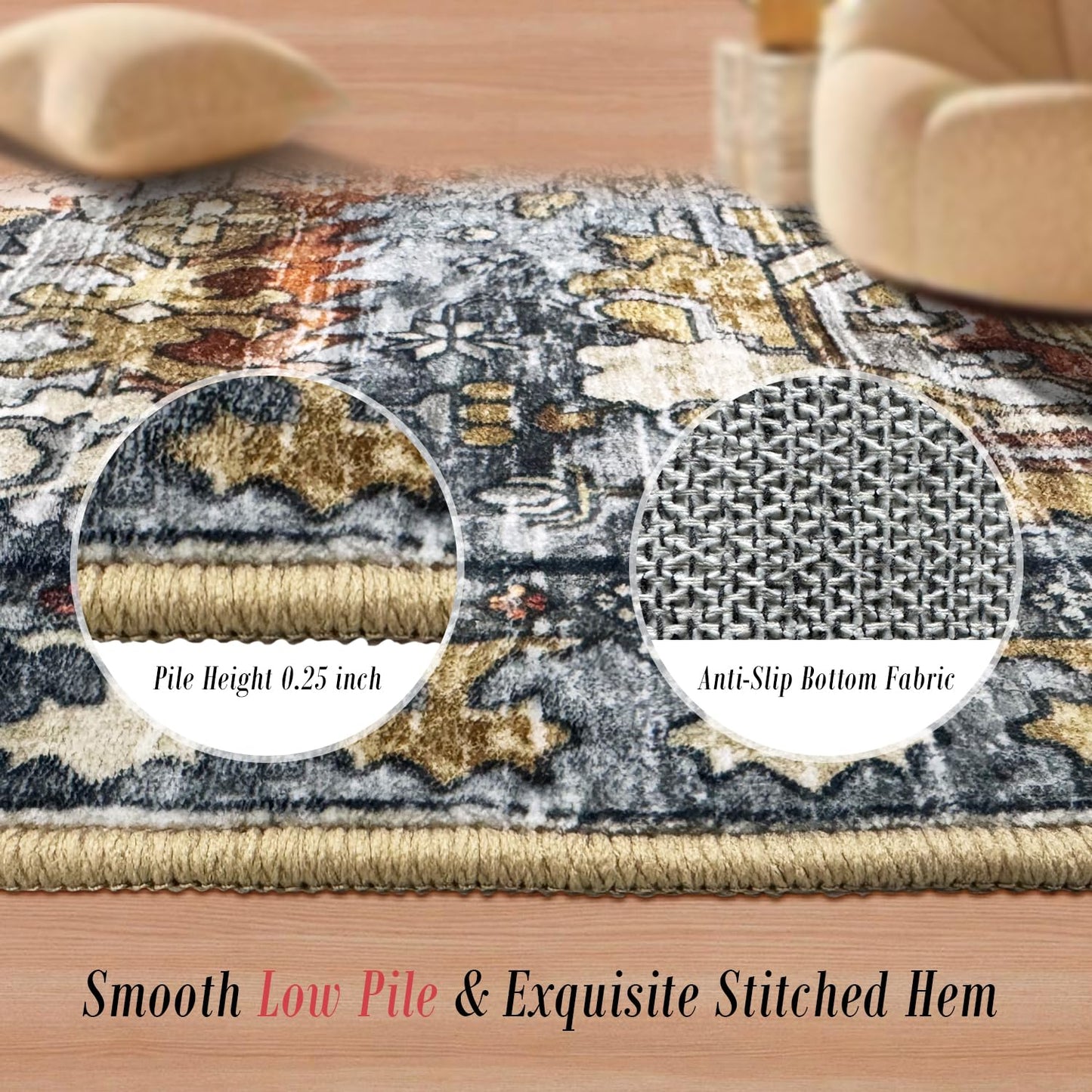 RUGSURE Washable Area Rugs - Perfect for Living Room, Bedroom, Kids Room, Nursery - Stain & Water Resistant Non-Slip, Pet & Child Friendly, Vintage Tribal Area Rugs (Turmeric and Grey, 4' x 6')
