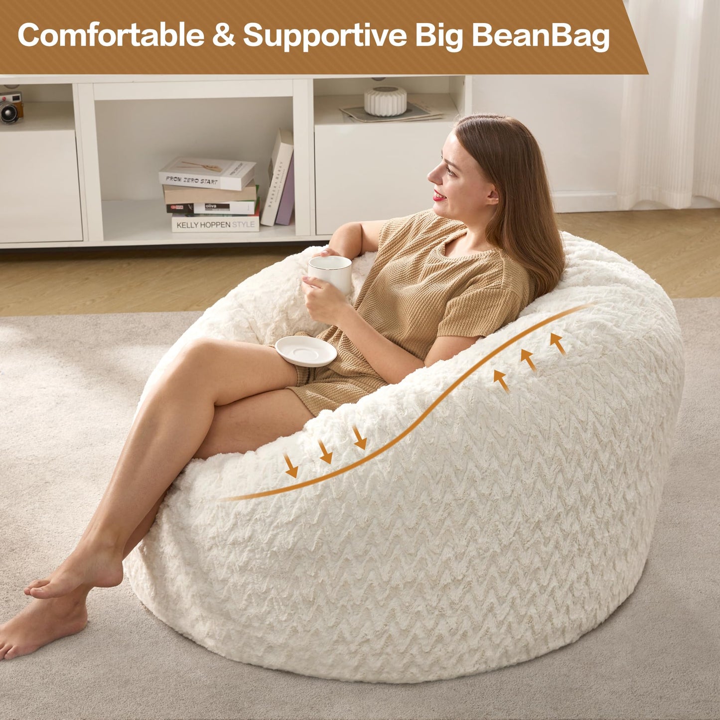 Hobestluk 3ft Bean Bag Chairs for Adults Large Beanbag Chair with Chevron Plush Fur Cover Big Bean Bag Chair for Living Room Bedroom Dorm Office - White (36” x 36” x 22”)