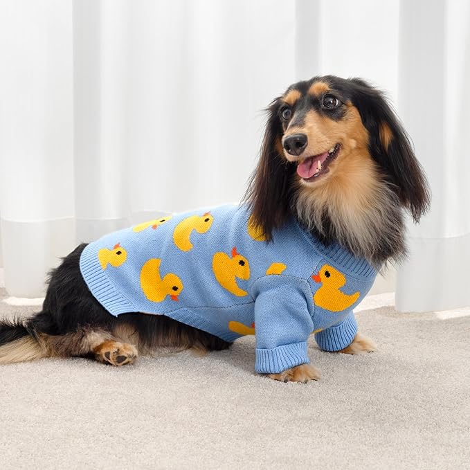 Fitwarm Funny Duck Dog Sweater, Thermal Dog Winter Clothes for Small Dogs Boy Girl, Pet Outfit, Blue, Yellow, Small
