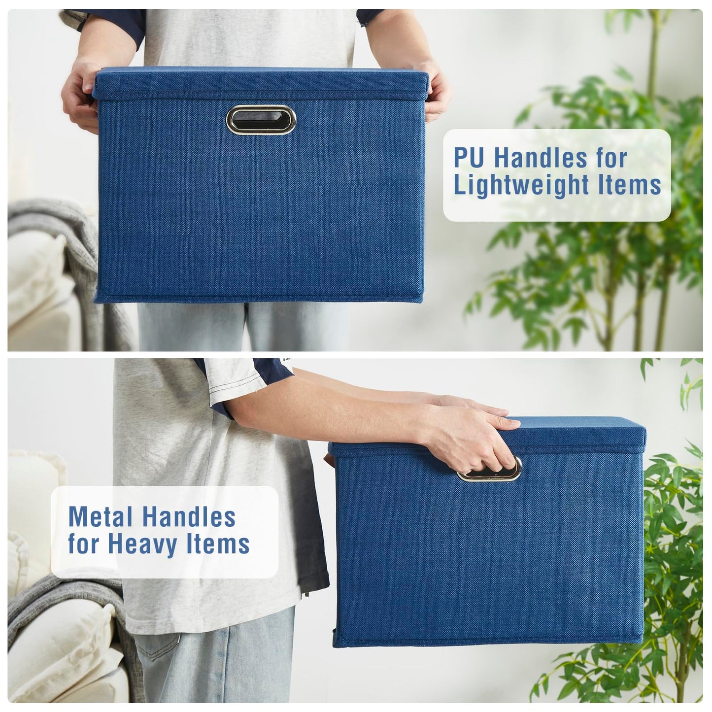 Roobyl 15" Large Collapsible Storage Bins with Lids, Stackable Closet Organizers with PU Handle and Labels, 3-Pack Decorative Fabric Storage Boxes for Home, Bedroom, Closet, Office, Nursery(Navy)