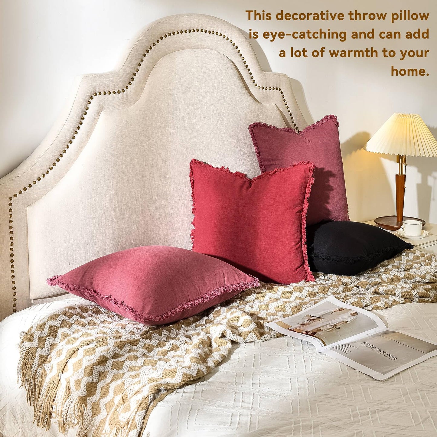 AmHoo Pack of 2 Linen Pillow Covers with Tassels Fringed Decorative Rustic Natural Throw Pillowcase Cushion for Couch Sofa Bedroom 16 x 16-Inch Dusty Rose