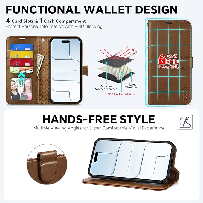 TUCCH Detachable Case Wallet for iPhone Air (6.5") 2025, Wrist Strap, 4 Card Holders RFID Blocking, Wireless Charging, Stand, 2-in-1 Magnetic, PU Leather, Shockproof Folio Cover, Brown