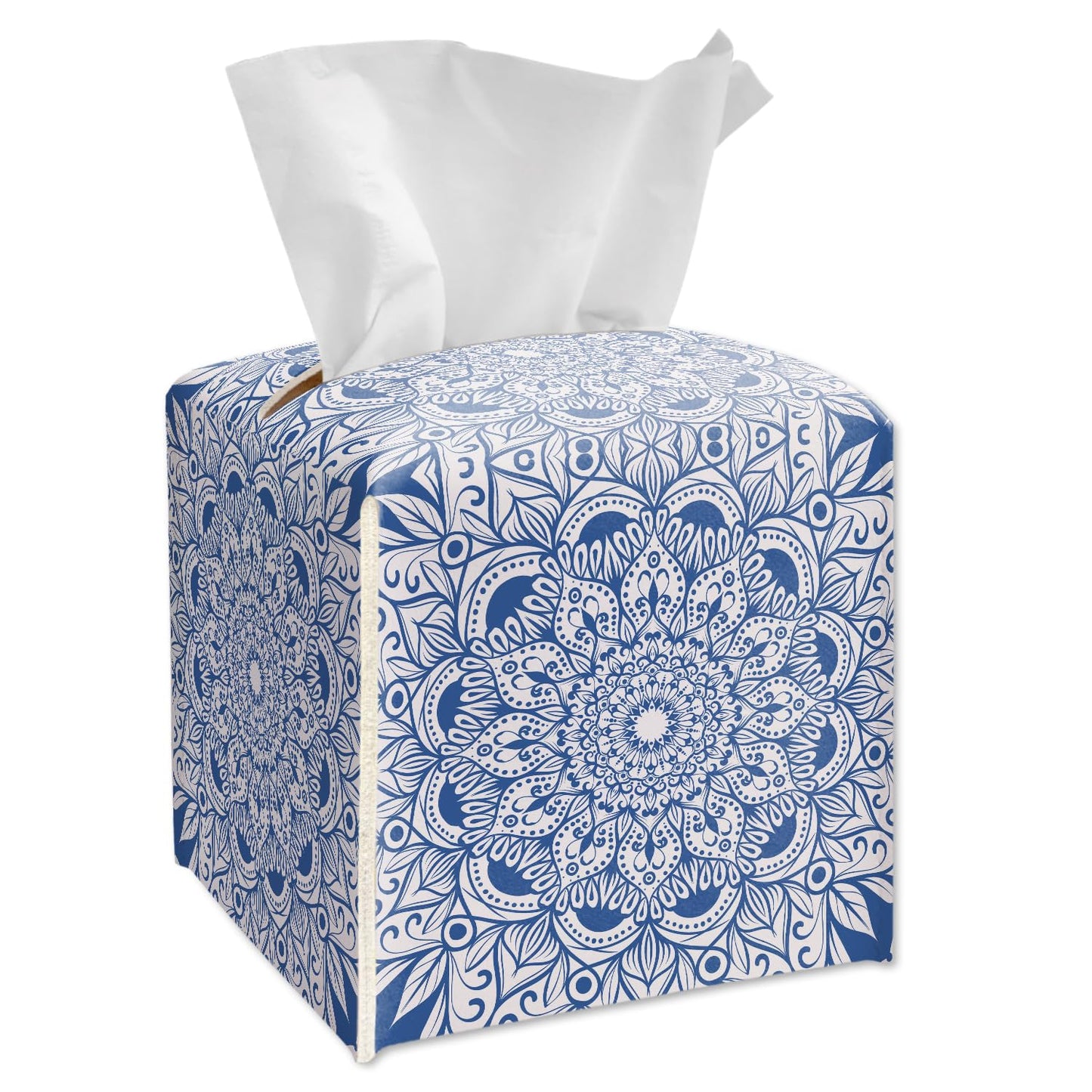Boho Mandala Flower Tissue Box Cover Square, Blue and White Leather Tissue Box Holder with Bottom Belt, Boho Home Decoration for Bathroom Vanity Countertop, Nightstands, Dining Table, Office, Car -28