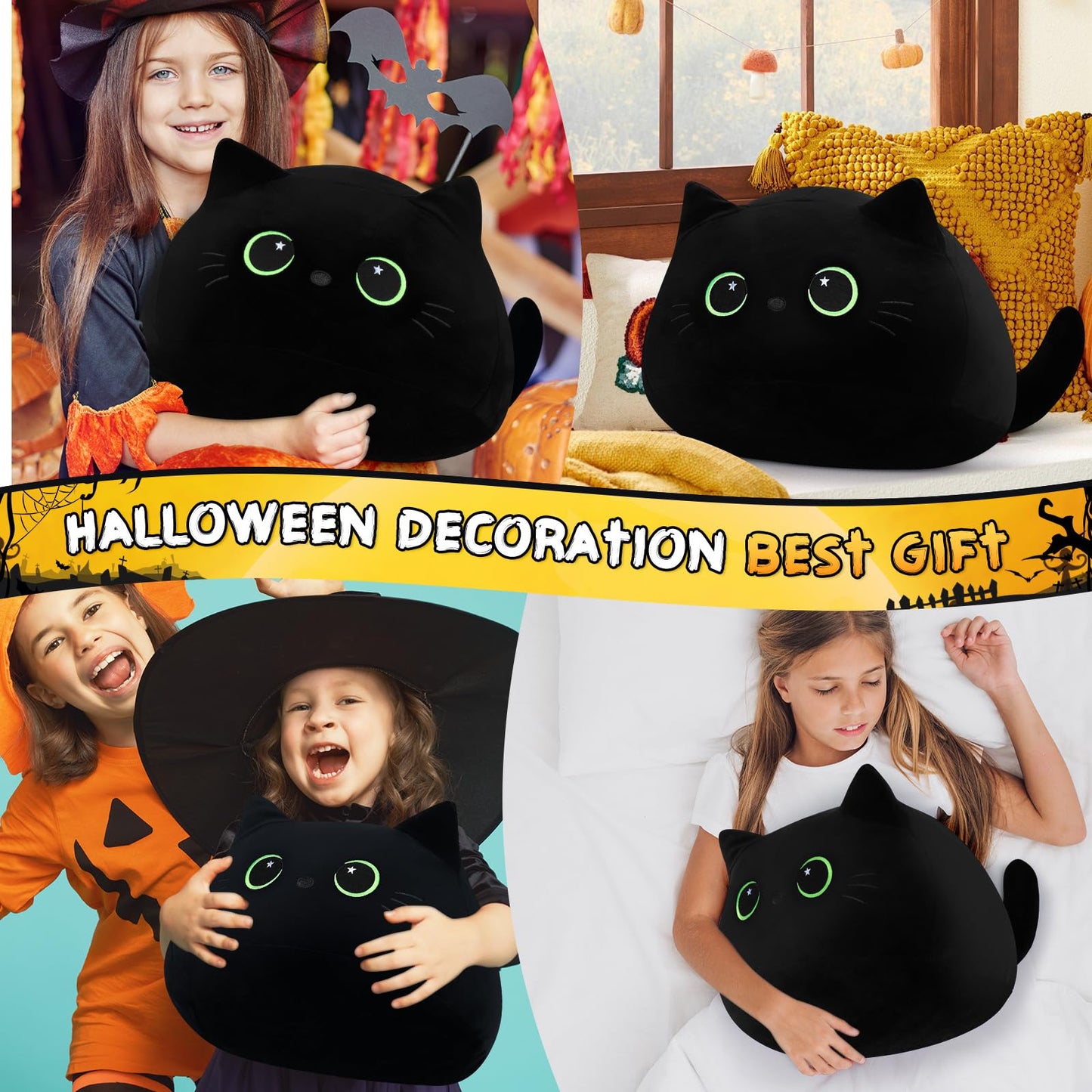 19'' Black Cat Plush Toy- Giant Black Cat Stuffed Animal, Large Plushie Toy Kawaii PlushiesGreen Star Eyes Cat Plush Pillow, Decor Plush Toys Plushie Christmas Birthday Gift for Kids