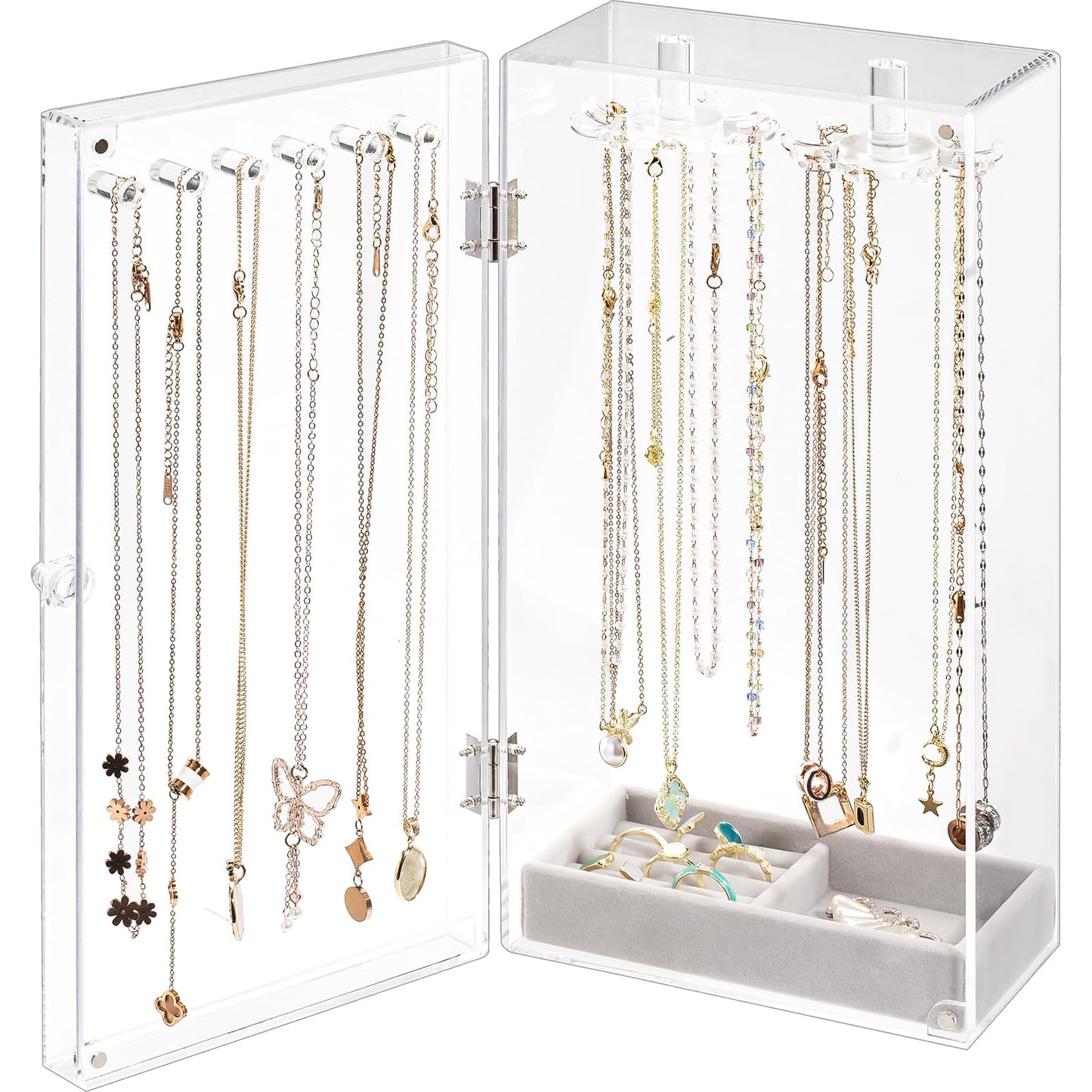 Lolalet Necklace Holder Organizer, Acrylic Jewelry Organizer with 24 Hooks, Rotating Clear Necklaces Display Box, Dust-proof Jewelry Storage Case with Velvet Tray -Clear