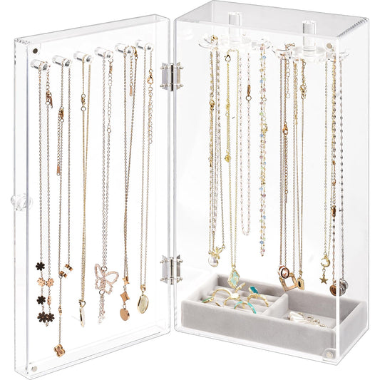 Lolalet Necklace Holder Organizer, Acrylic Jewelry Organizer with 24 Hooks, Rotating Clear Necklaces Display Box, Dust-proof Jewelry Storage Case with Velvet Tray -Clear