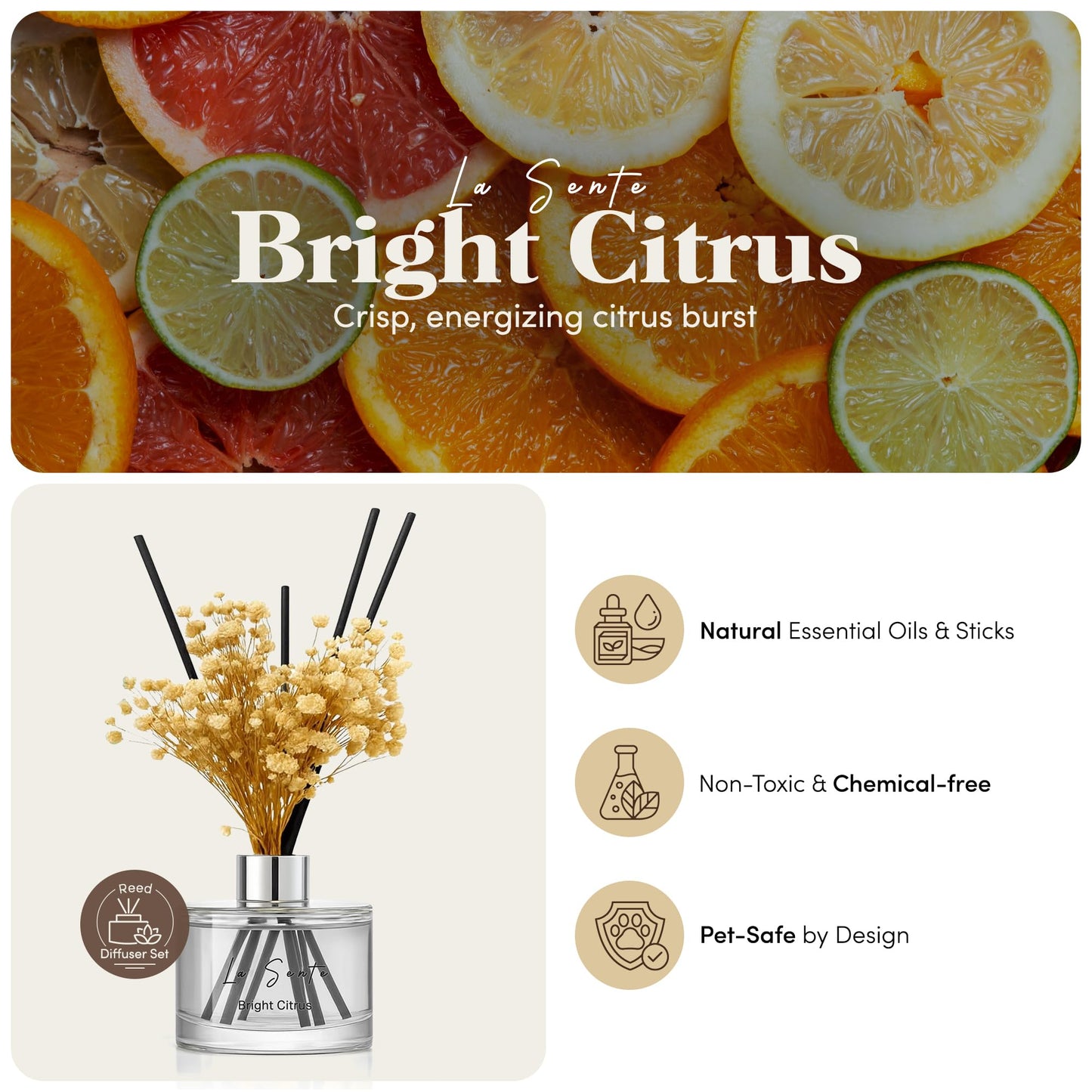 La Sente Bright Citrus Reed Diffuser Set, 6.7oz / 200 ml