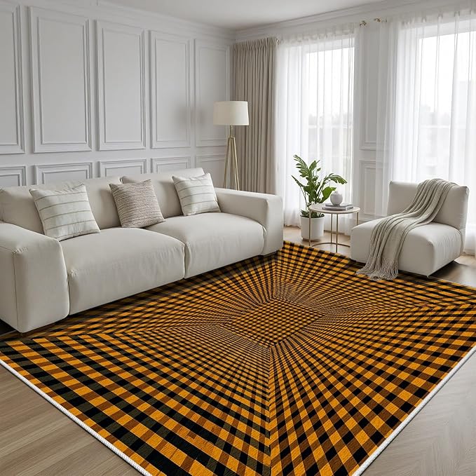 3D Rugs Optical Illusion - Plaid Rug 4x5, Geometric Stripes Soft Neutral Indoor Floor Mats Carpet, Non-Slip Stain Resistant Modern Orange Rug for Bedroom, Living Room Rugs