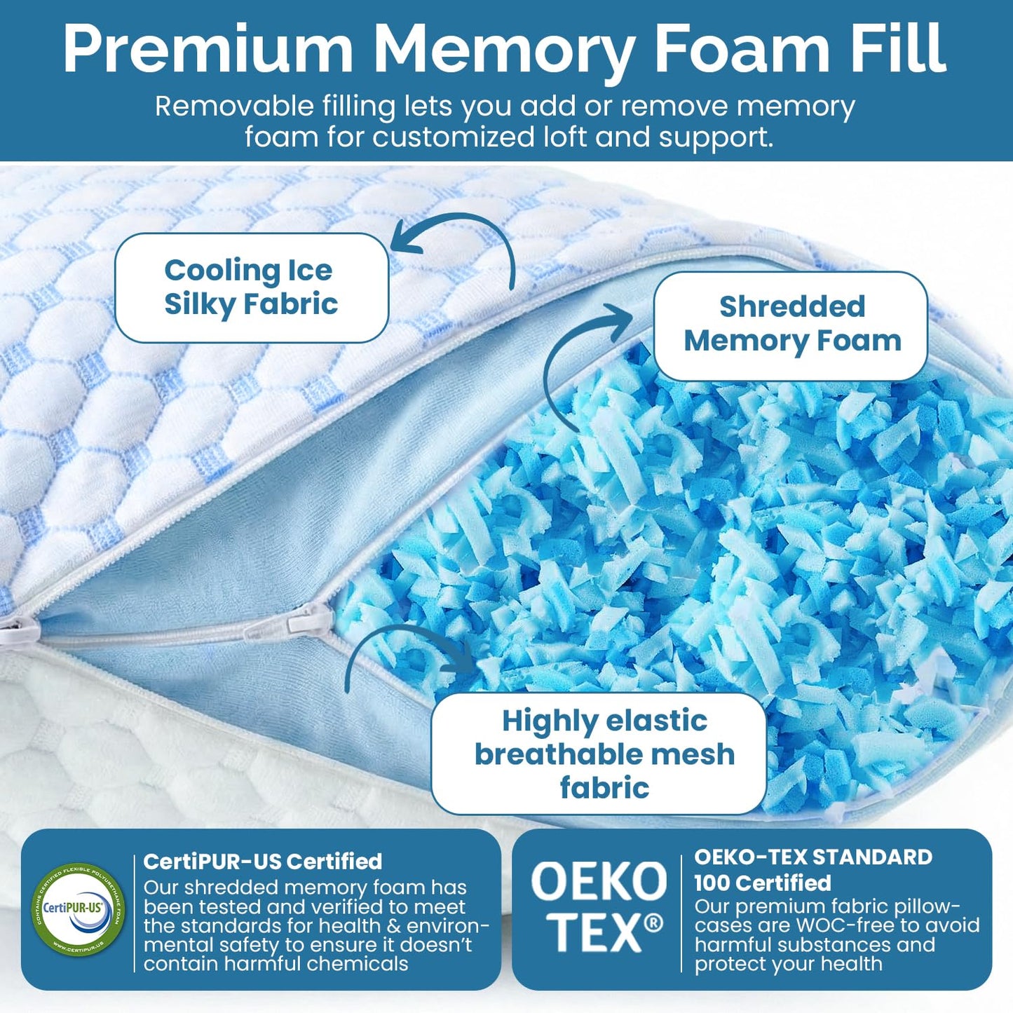 Cooling Memory Foam Queen Size Pillows 2 Pack: Adjustable firm Hotel Sleeping Pillows with Cool Removable Cover for Hot Sleepers. Perfect Support for Side Back Stomach Sleepers & Pain. Easy Wash