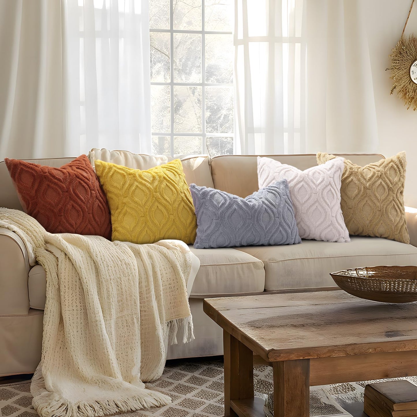 decorUhome Throw Pillow Covers 12x20 Inch Set of 2, Soft Plush Faux Wool Rust Solid Couch Pillow Covers, Accent Farmhouse Neutral Rectangle Pillow Cases for Sofa Bed Living Room