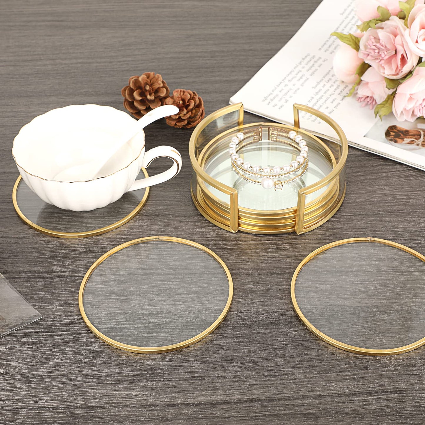 JUXYES Set of 8 Glass Round Coasters with Holder, Golden Brass Coasters for Drinks Glass Cup Coaster Set Modern Coaster Cups Mats Decor for Restaurant Kitchen Bar Dining Table