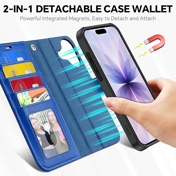 TUCCH 2-in-1 Detachable Wallet Case for iPhone 17 (6.3-inch) 2025, RFID Blocking 4 Card Slot | Wireless Charging | Wrist Strap | Kickstand | Magnetic | PU Leather | Protective Flip Cover | Klein Blue