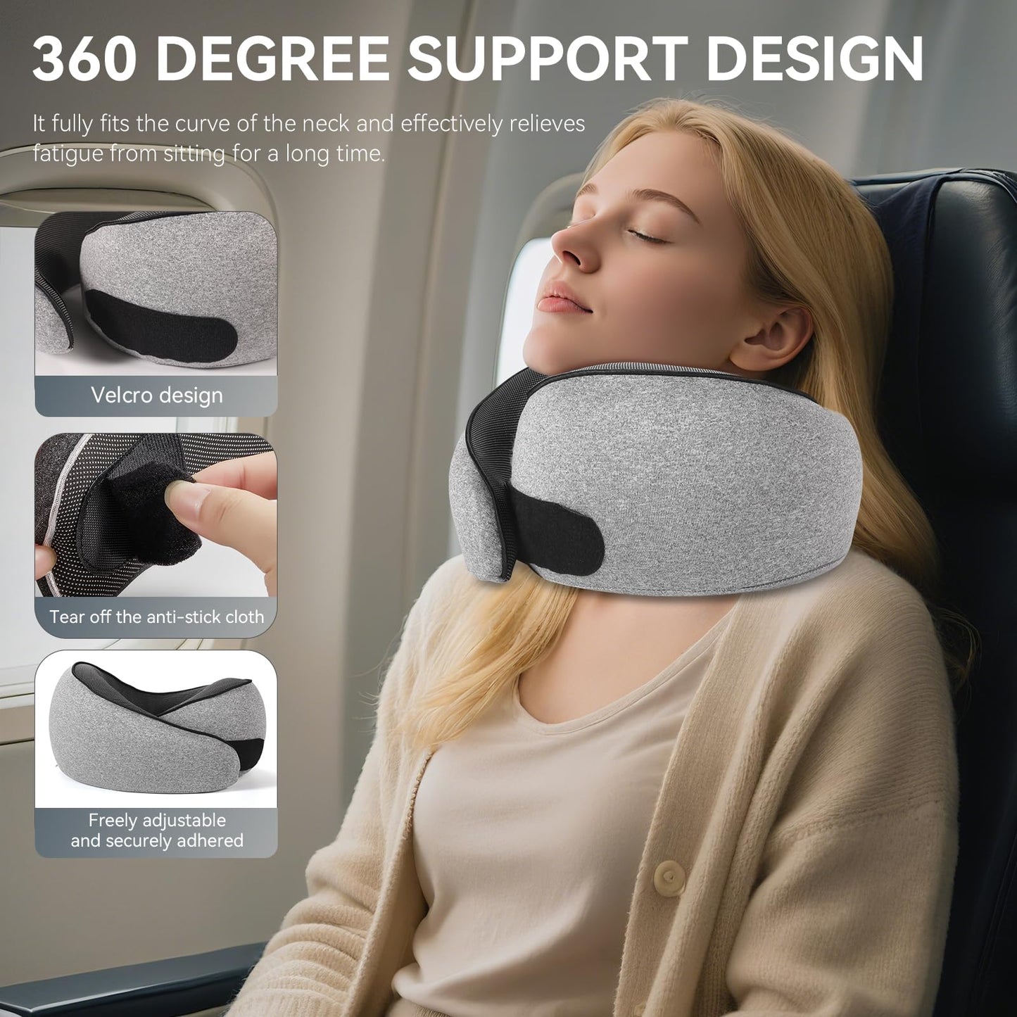 SZXYX Neck Travel Pillows - 100% Pure Memory Foam Neck Pillow for Airplanes, Comfortable Breathable Cover, 360° Support Stowable Pillows for Sleeping, Car, Airport Travel Essentials, Gray