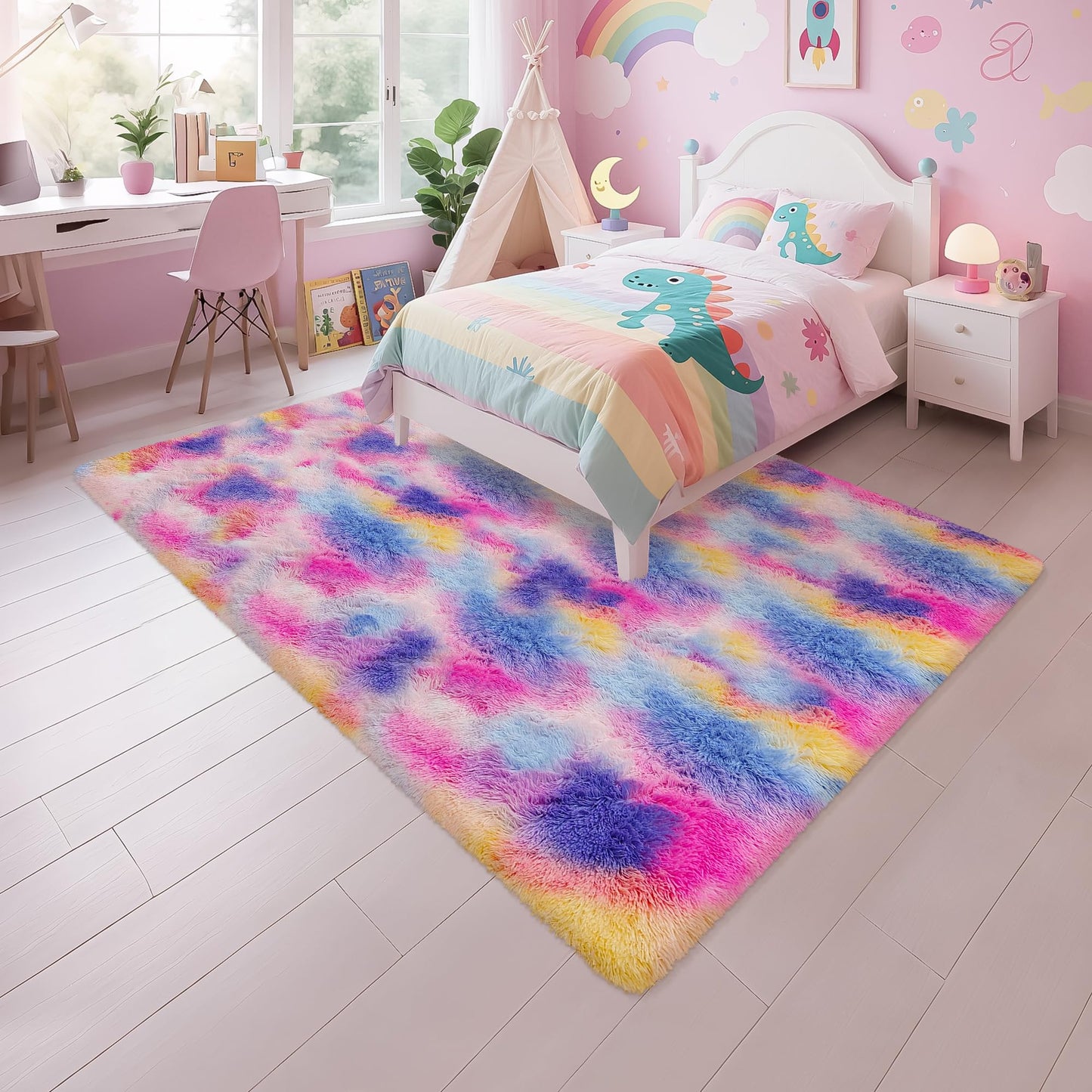 TENNOLA Rainbow Area Rugs 5x8 ft,Tie-Dyed Unicorn Fluffy Fuzzy Shaggy Carpet Soft Plush Furry Rug,for Bedroom Living Room Indoor Floor Rug Kids Girls Boys Home Decor Aesthetic, Dorm Nursery