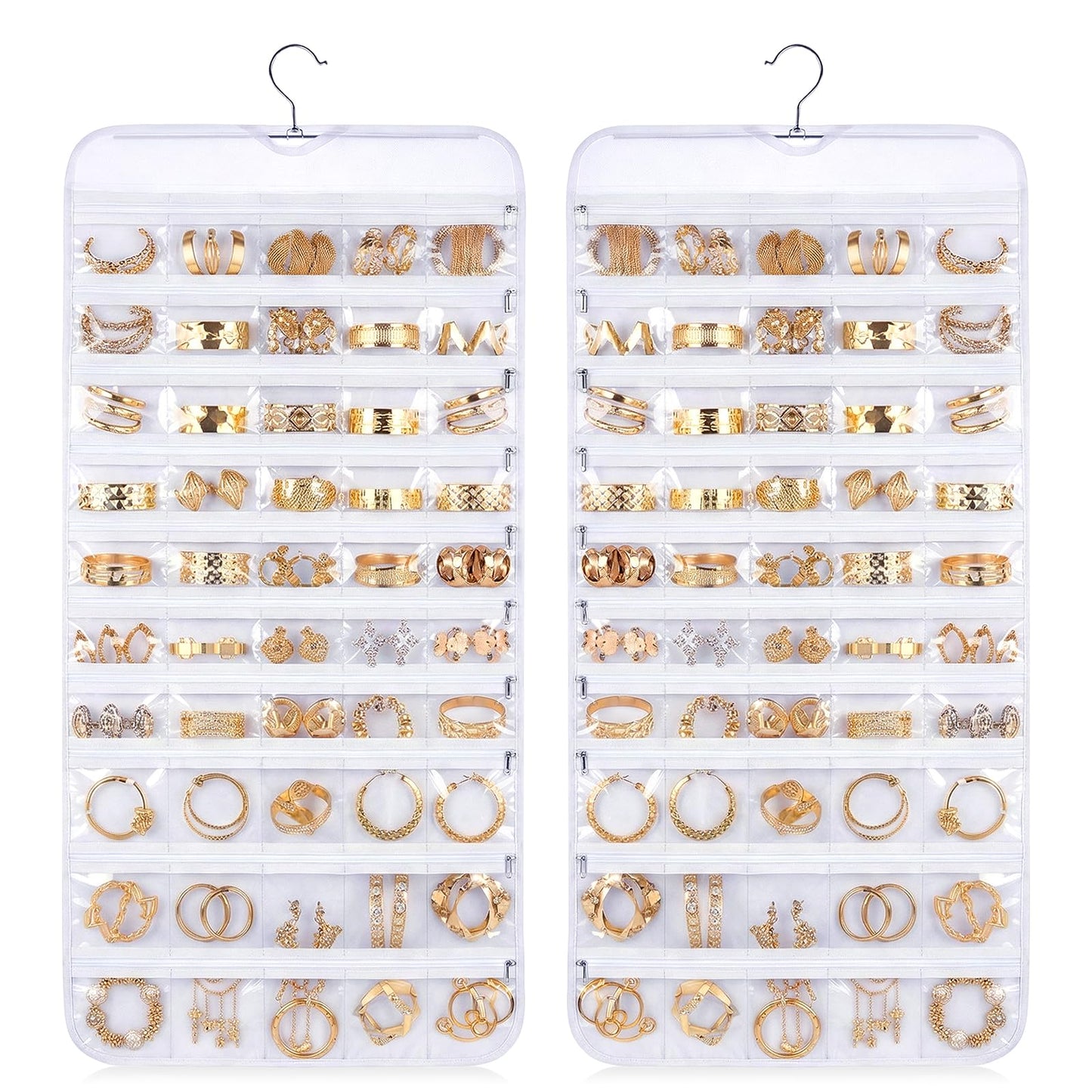 Xosjska 2 Pack Hanging Jewelry Organizer 80 Zippered Pockets 80-Pocket Dual-sided Jewelry Storage for Necklace Bracelet Earring RingsTravel Holder - White