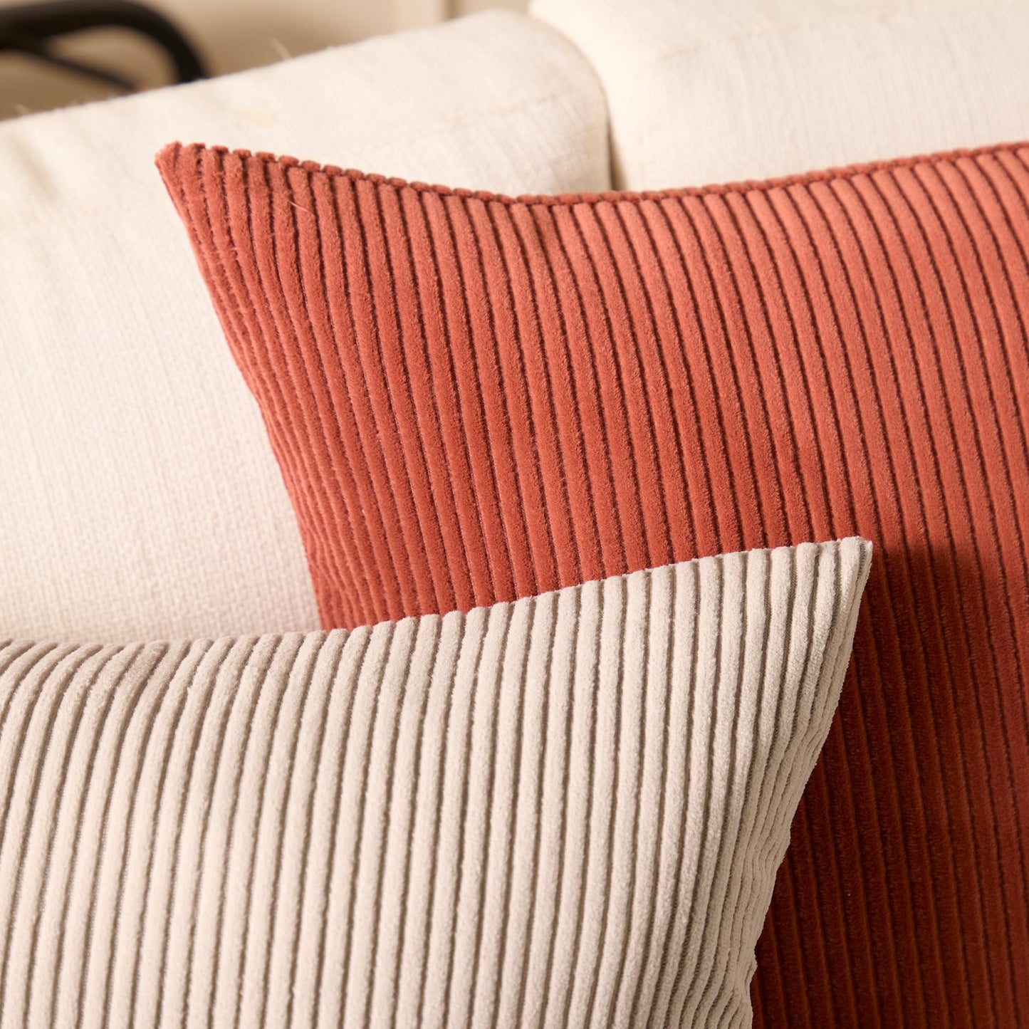 Encasa XO Corduroy Throw Pillows Covers 18"x18", Set of 2 Soft Textured Striped Boho Pillow Covers | Decorative and Cozy Cushion Cases for Home Decor and Sofa Living Room (Light Taupe)