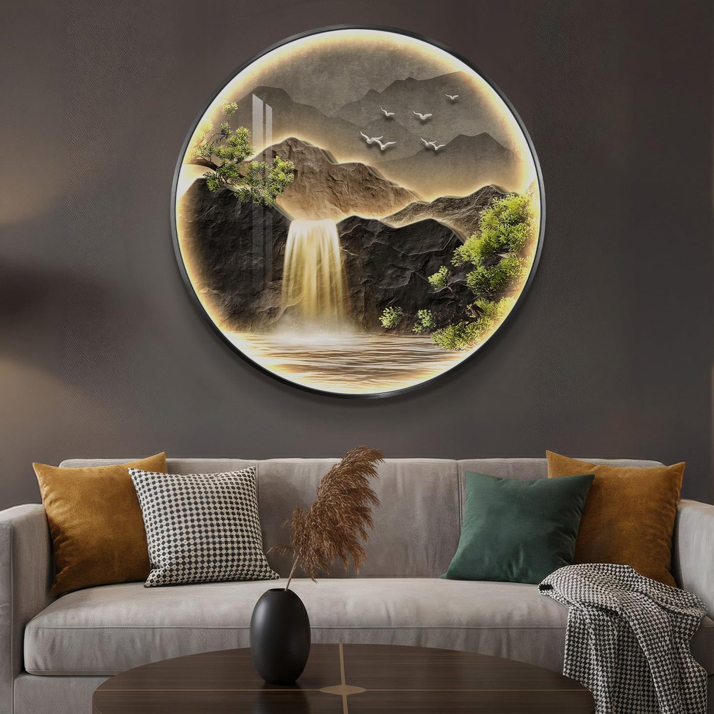 Large LED Mountain Waterfall Wall Art for Living Room, Framed Round Modern Lighted Landscape Picture Artwork for Walls, Backlit Nature Wall Decor for Hallway, Dining Room, Entryway, Office, 30x30 Inch