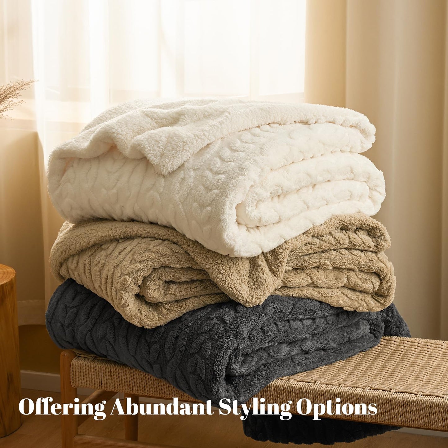 PHF Ultra Soft Sherpa Fleece Blanket Queen Size 90" x 90", 510GSM Fleece Lightweight Yet Warm Blanket for Winter Bed, No Shedding, No Pilling, Tufted Jacquard for Luxury Home Decor, Natural Cream