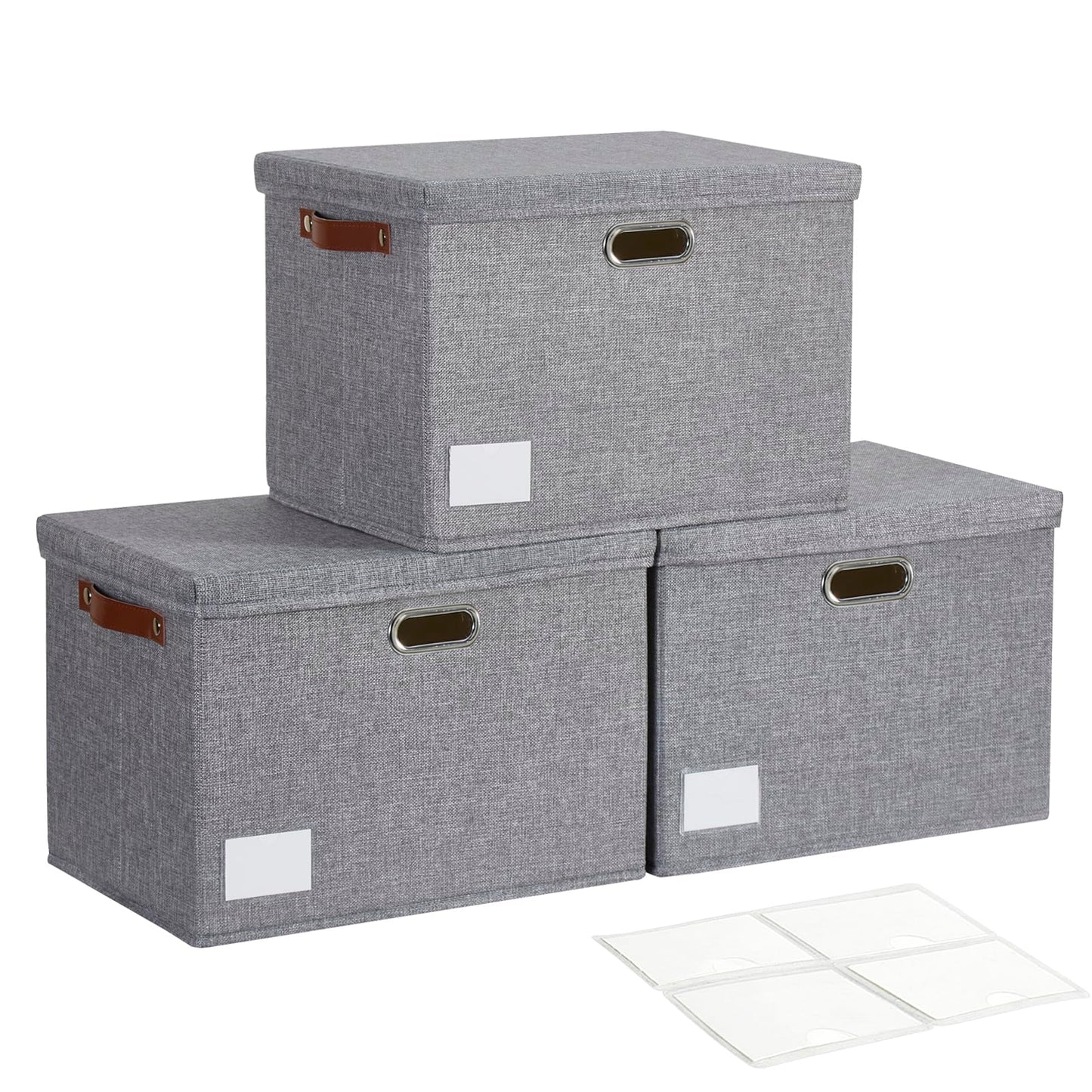 Roobyl 17" Large Collapsible Storage Bins with Lids, Stackable Closet Organizers with PU Handle and Labels, 3-Pack Decorative Fabric Storage Boxes for Home, Bedroom, Closet, Office, Nursery(Gray)
