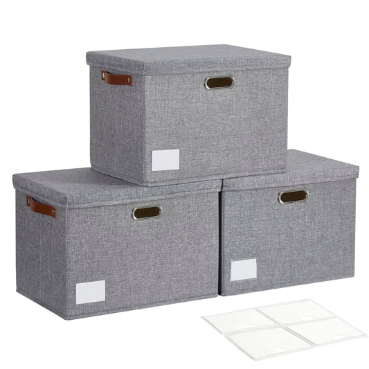 Roobyl 17" Large Collapsible Storage Bins with Lids, Stackable Closet Organizers with PU Handle and Labels, 3-Pack Decorative Fabric Storage Boxes for Home, Bedroom, Closet, Office, Nursery(Gray)