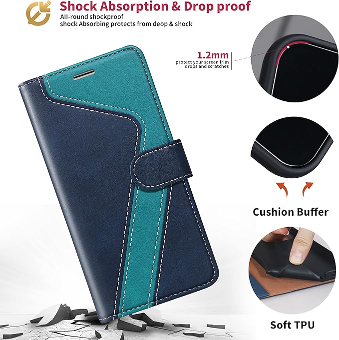 CIVICASE for iPhone 15 Wallet Case,Leather Flip Case RFID Blocking Credit Card Holder Folio Magnetic Stand TPU Shockproof Cover Compatible with iPhone 15 Blue Green