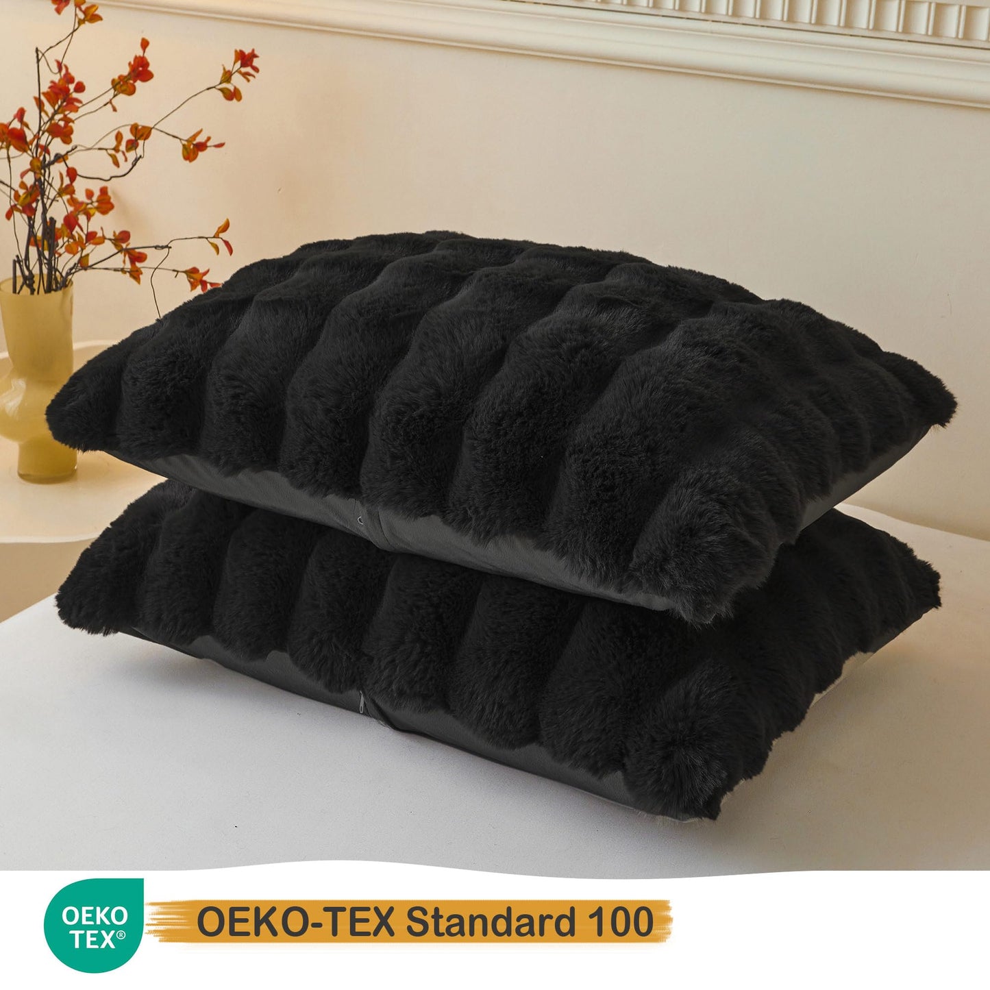 LIFEREVO 2 Pack Fluffy Faux Rabbit Fur Pillow Cases, Luxury Soft Plush Shaggy Bubble Pillowcases Standard Size with Zipper Closure, Furry Fuzzy Long Pillow Shams for Bedroom Living Room 20x26, Black