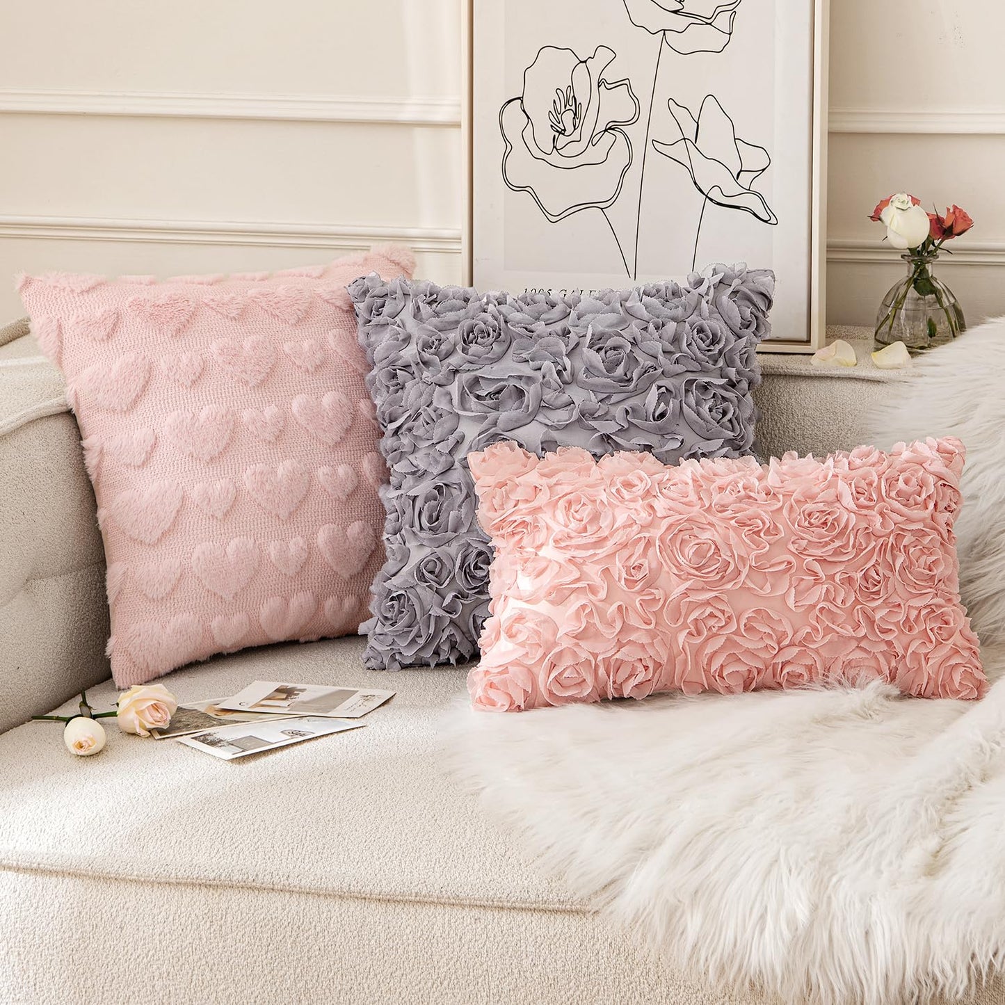 MIULEE 3D Rose Flower Pillow Cover Decorative Spring Floral Romantic Stereo Chiffon Aesthetic Solid Pillowcase for Girl Bedroom Living Room Decor 12x20 Inch Peach Pink