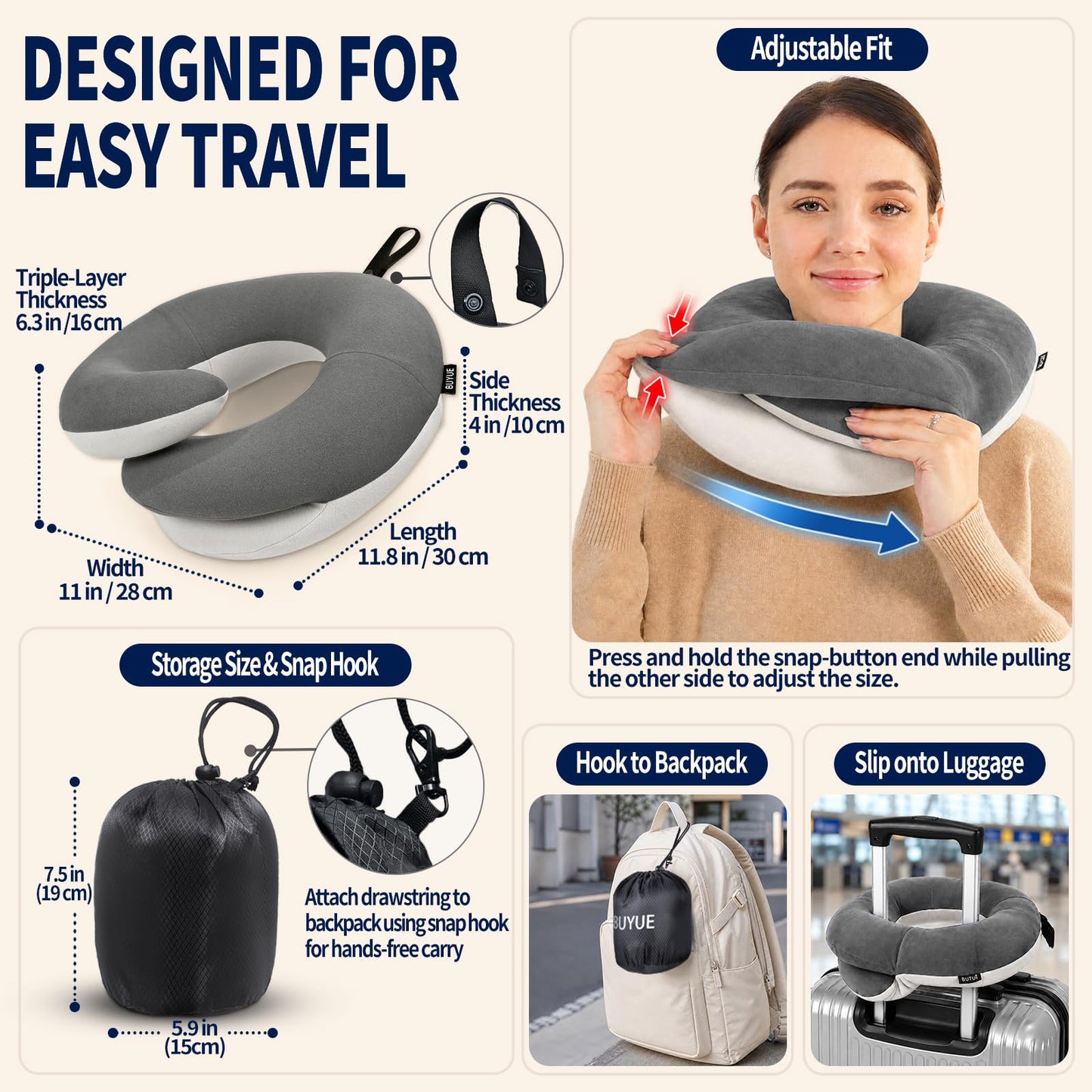BUYUE Travel Neck Pillows for Airplanes, Memory Foam 360° Head Support Sleep for Long Flight, Skin-Friendly & Breathable, Kit with Eye Mask, Earplugs and Storage Bag (Adult, Grey, 90+ lbs)