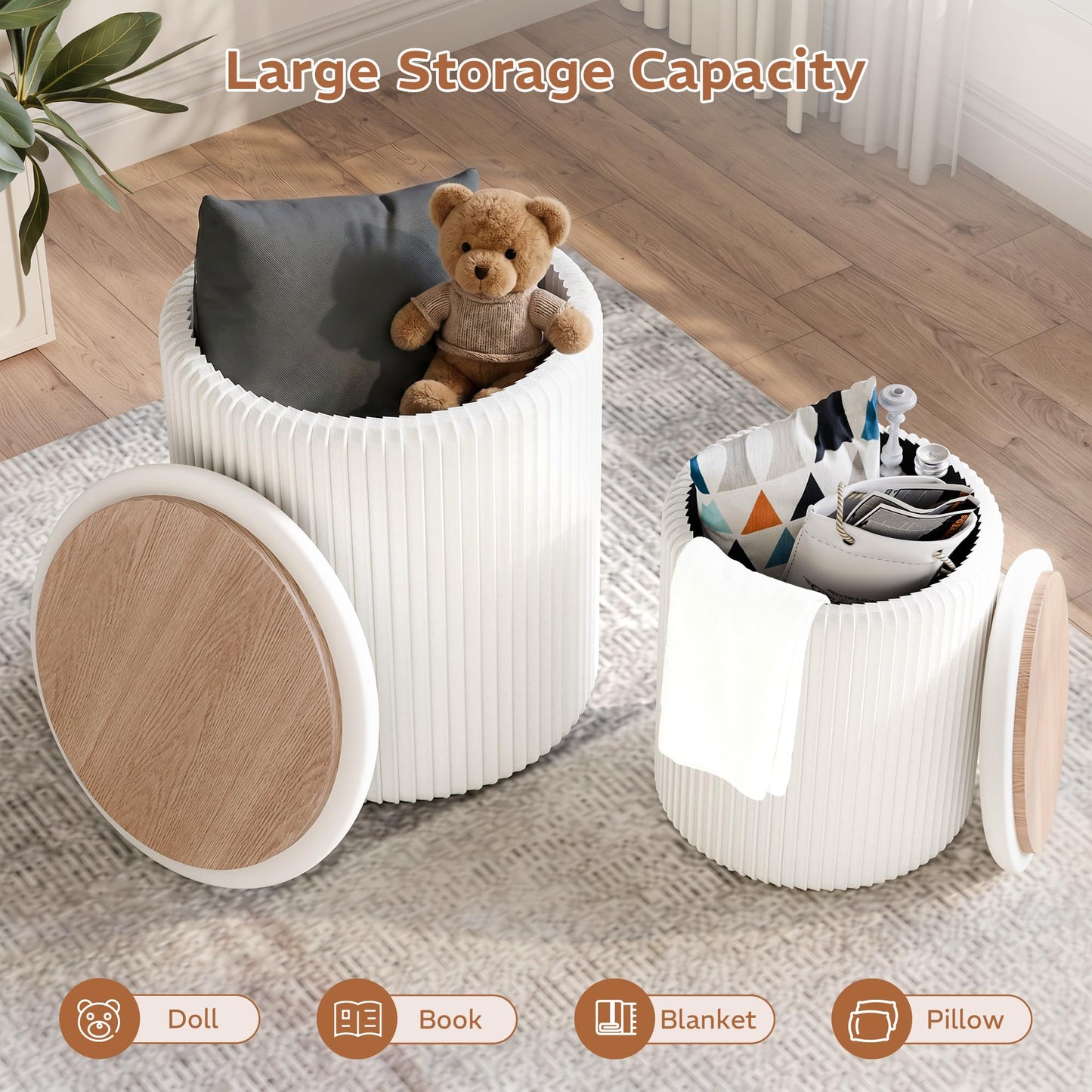 Trygoal Round Ottoman with Storage Set of 2, Breathable Cotton & 300LBS Engineered Wood Frame, Nesting Side Table with Blanket Storage, No Assembly Cozy Vanity Stools for Living Room, White